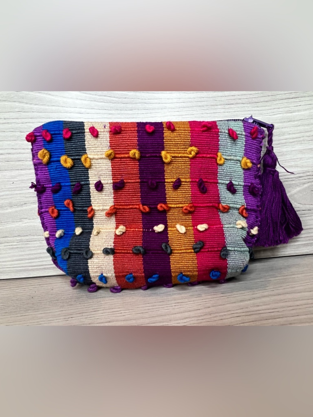 Handmade Woven Boho Coin Purse Colorful Striped Zipper Pouch with Tassel